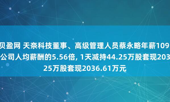 贝盈网 天奈科技董事、高级管理人员蔡永略年薪109.94万元是公司人均薪酬的5.56倍, 1天减持44.25万股套现2036.61万元